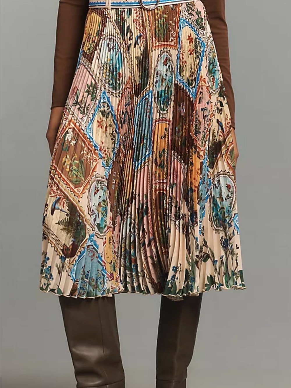 Ranna Gill Patchwork Floral Pleated Midi Skirt Anthropologie